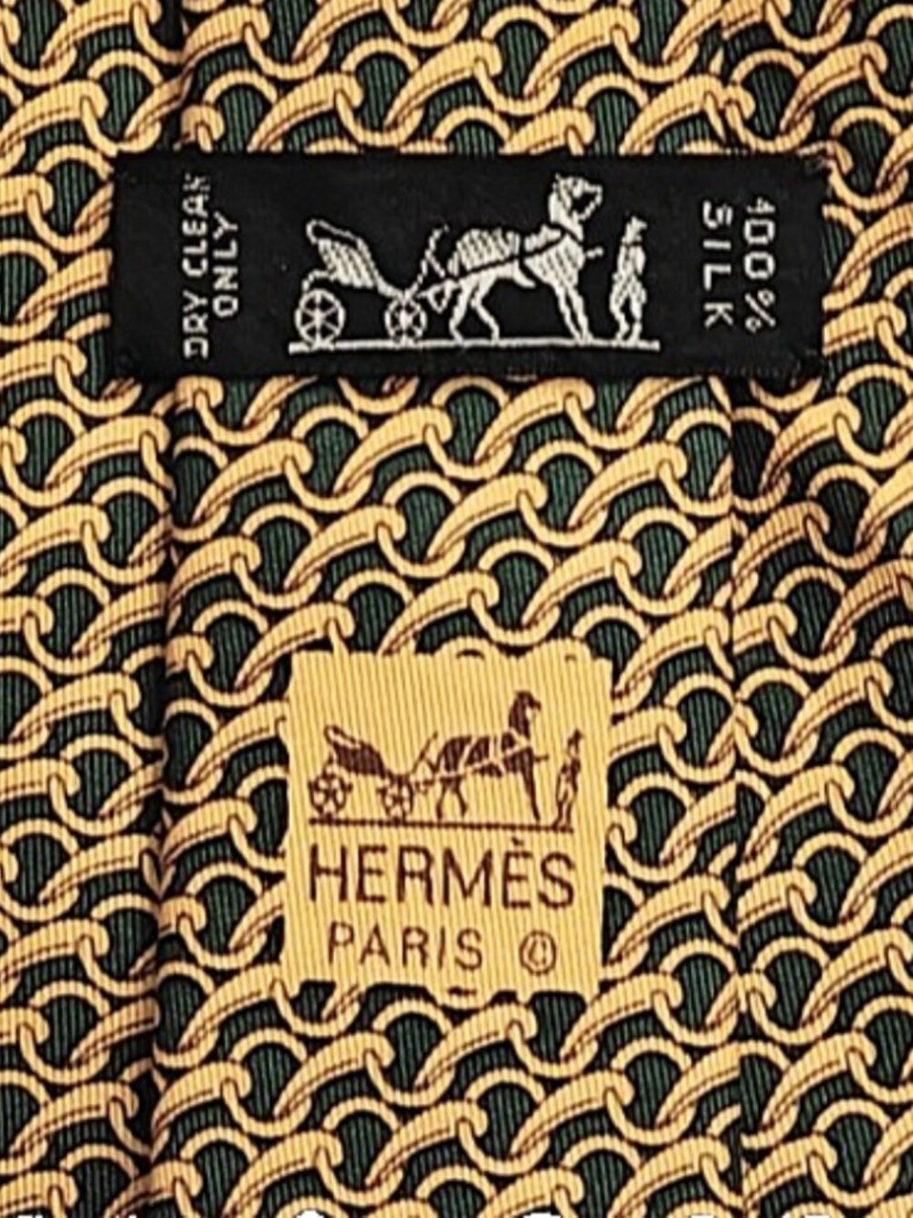 Hermes Geometric Chain Forest Green Men's Silk Tie #7571 SA 3.5" x 58.75"